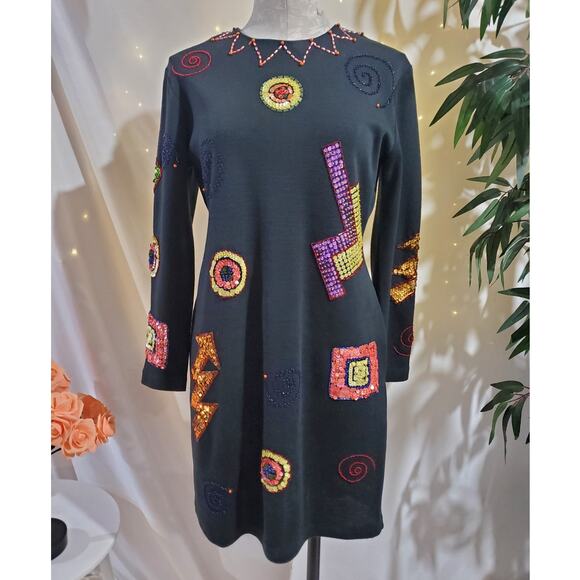 Vtg Liz Claiborne Embellished Sequin Beaded Wool Blend Dress Size SP Artsy Party - Picture 1 of 14